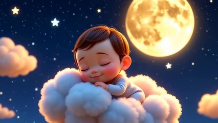 Charming baby peacefully resting on fluffy white cloud with glowing full moon and sparkling stars above. Childhood concept
 - Powered by Adobe