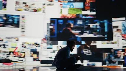 Young guy in misery is affected by anxiety and social depression, highlights suffering due to dangerous social media overuse. Expressive information from interaction causes distress. Camera B.