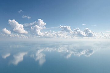 aerial view of ocean surface stunning reflections of fluffy clouds in ultrabright azure water