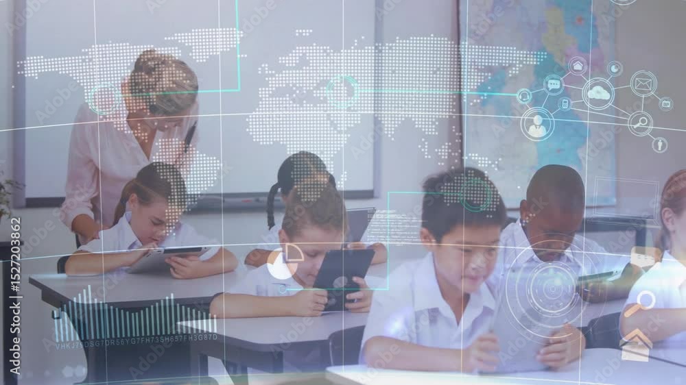 Poster teacher walking into view and guiding students tapping tablets in classroom with data icons overlay