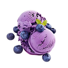 Delicious blueberry ice cream scoops with fresh berries isolated on transparent background