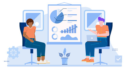 Two people analyzing chart together, suitable for teamwork concept, business meeting, financial presentation, market analysis, collaboration, and strategy discussion.