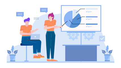 Two people analyze a pie chart on a whiteboard together; ideal for business presentations, data analysis, teamwork, or financial reviews.