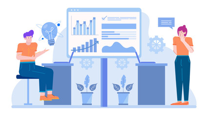 Man and woman discussing business graphs. Suitable for financial presentations, office meetings, teamwork, corporate communication, business analysis concepts.