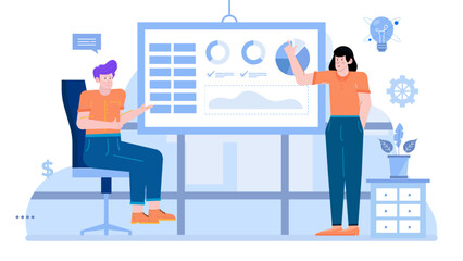 Man and woman analyze a graph during a business meeting. Suitable for presentations, reports, articles, and corporate communications about data analysis.