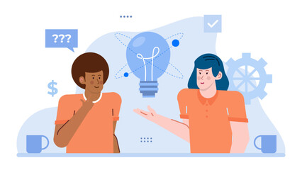 Two people discussing creative ideas with a lightbulb concept, perfect for brainstorming, innovation, teamwork, collaboration, and idea generation projects.