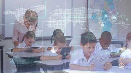 Teacher walking into view and guiding students tapping tablets in classroom with data icons overlay - Powered by Adobe