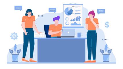 Three people collaborating on a project, discussing ideas for a presentation. Ideal for business, teamwork, creativity, and meeting concepts.