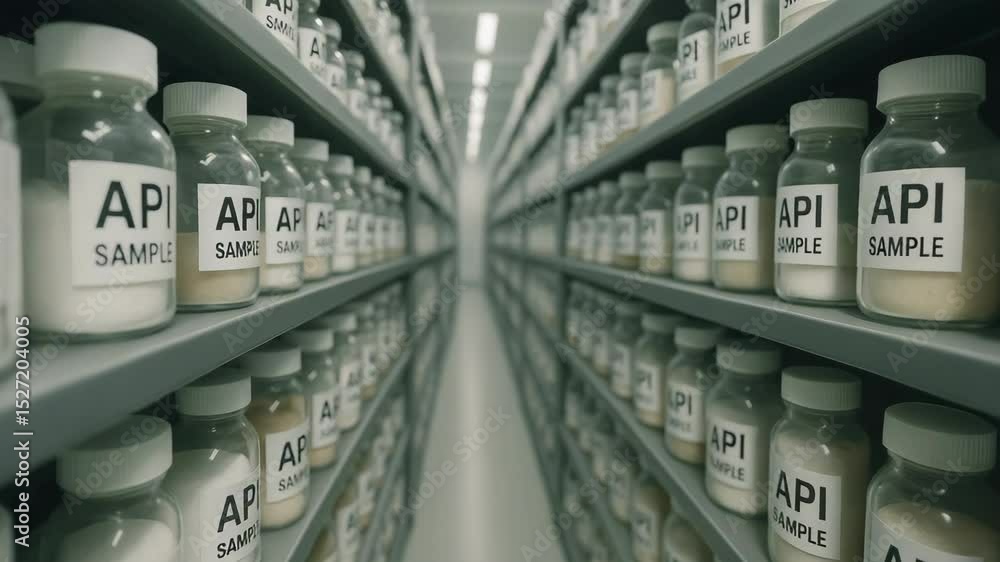 Poster pharmaceutical active ingredient api samples in small bottles stored on shelves in laboratory for re