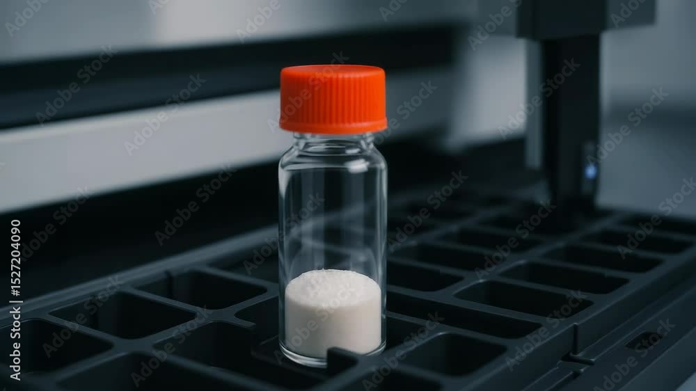 Poster pharmaceutical active ingredient api powder in small glass vial with orange cap placed on laboratory