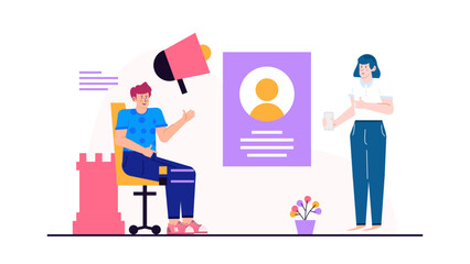 Corporate office scene with colleagues discussing business strategy, partnership, or teamwork. Suitable for business meetings, technology, communication concepts.