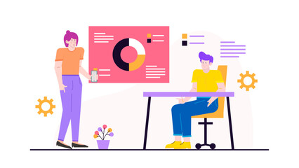 Two professionals in a meeting, one presenting while the other listens attentively. Perfect for business, teamwork, collaboration concepts.