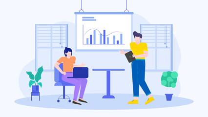 Two people discussing business strategy with a graph on a whiteboard. Perfect for presentations, business concepts, collaboration, teamwork themes.