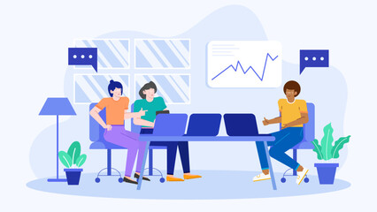Three business professionals in an office meeting discussing business strategy. Perfect for corporate presentations, website graphics, and team collaboration concepts.