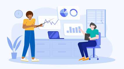 Business professionals analyzing data with graph, suitable for presentations, reports, teamwork, collaboration, business strategy, financial planning concepts.