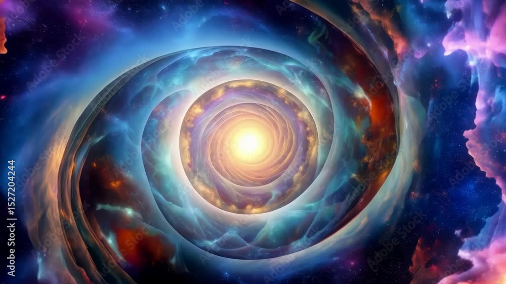 Poster abstract spiral with celestial nebula clouds and bright light at the center of a cosmic wormhole.