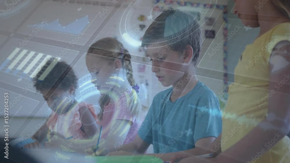 Poster children writing notebooks in school as translucent data graphics fading in, boy turning smiling