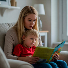 Mother and Son Reading a Book Together