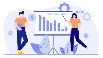 Two people presenting a chart with a downward trend, depicting financial decline. Suitable for business presentations, economic reports, and articles.