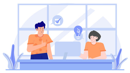 Two individuals engaged in a conversation about a fresh concept. Suitable for websites, presentations, brochures, articles, and educational materials.