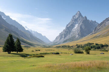 glacial valley in kyrgyzstan with long shadows rich color tones