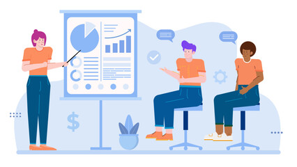 Person presenting charts to two people. Suitable for business presentations, financial reports, data analysis discussions, teamwork.