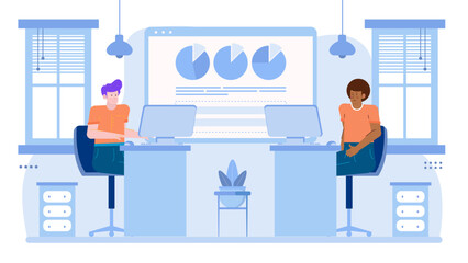 Obraz premium Two people working at desks in an office setting, illustrating teamwork, collaboration, work environment, corporate lifestyle, professional workplace.