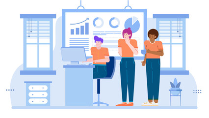 Three people working on graphs in an office, suitable for business presentations, teamwork concepts, office collaboration visuals, and corporate design projects.