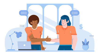 Professional business handshake between two people in an office setting with laptop and plant suitable for business partnerships concepts.