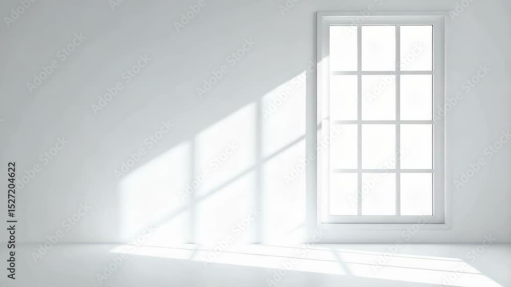 Aufkleber bright sunlight shining through a window in an empty white room with blank walls and floor, creating