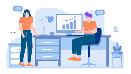 Two people discussing a rising graph, suitable for business presentations, financial reports, teamwork concepts, and growth discussions in various industries.