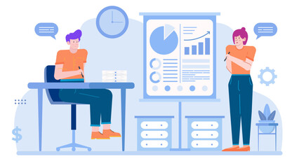 Title Man and woman discussing presentation with charts and graphs. Suitable for marketing presentations, business articles, and finance blogs.