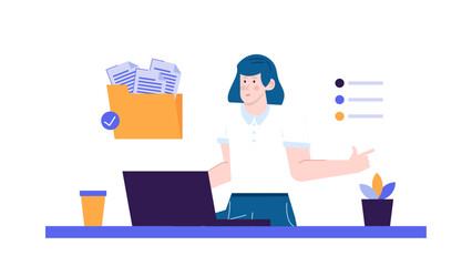 Woman working on laptop at desk. Suitable for business, technology, work from home, telecommuting, office, and entrepreneur concepts.