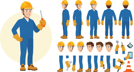 Technician worker wearing helmet, overall uniform, protective goggles. Character constructor for animation. Front, side and back view set