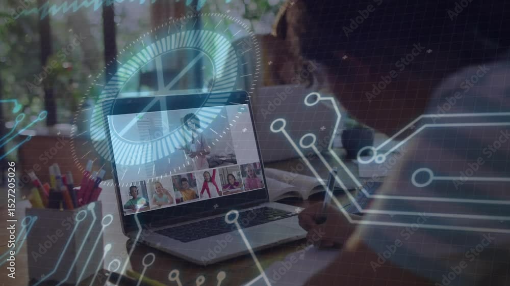 Poster student opening laptop to join remote class, taking notes with circuit hud illustrating connection