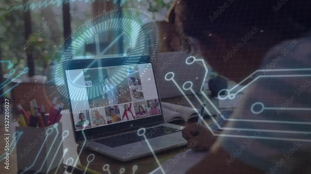 Poster student clicking join and taking notes at window while circuits enveloping laptop for education