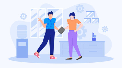 Two people discussing while holding tablet in an office. Suitable for showcasing teamwork, technology, collaboration, and workplace communication concepts.