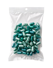 A transparent plastic bag containing blue-green capsules from a hospital. On an isolated transparent background,