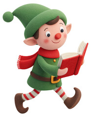 Cheerful elf reading a book while walking in a festive setting isolated on transparent background.