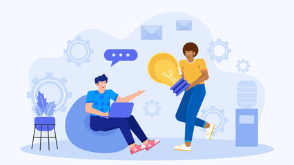 Two people discussing new idea with light bulb, suitable for business concepts, brainstorming, creativity, innovation, teamwork, and collaboration.
