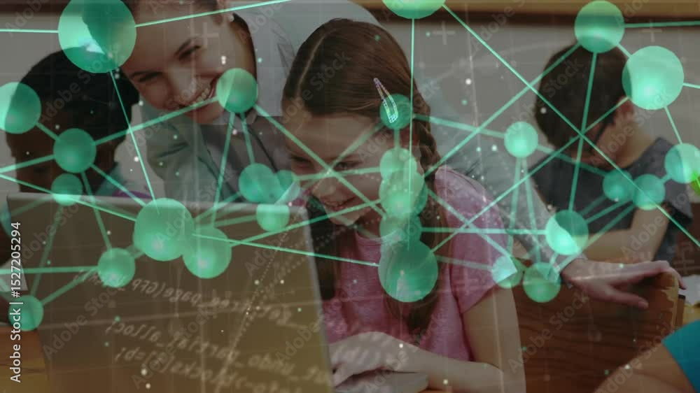 Poster teacher leaning over student laptop in classroom guiding typing to learn with network nodes overlay