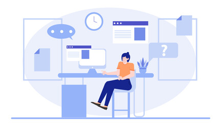 Woman at desk with computer, puzzled expression. Perfect for websites, blogs, and social media content related to problem-solving or technology.