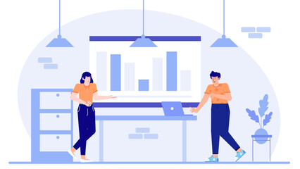 Obraz premium Bar graph, laptop, two people, and a plant suitable for business presentations, teamwork concepts, financial analysis, or work collaboration illustrations.