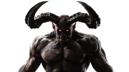 Dark horned demon creature with glowing red eyes and muscular body, isolated on white background