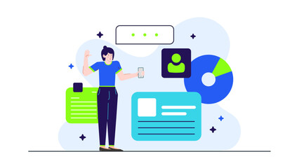 Woman holding a smartphone with blue and green icons, suitable for technology blogs, social media graphics, and digital marketing content.