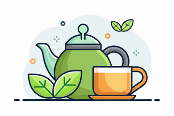 kettle pouring tea steam leaf icon