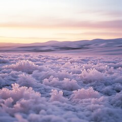 Obraz premium “Aerial Pink-Dawn Snowy Plain – Serene Winter Landscape Photography”