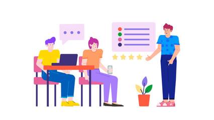 Man presenting review to two people. Suitable for business presentations, feedback discussions, team meetings, performance evaluations, group discussions.