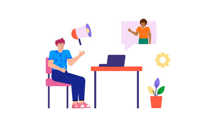 Man video calling with laptop and plant, suitable for work from home, remote team communication, technology, and virtual meeting concepts.