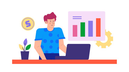 Man analyzing data on laptop, looking at bar chart. Suitable for business presentations, data analysis concepts, financial reports, technology themes.